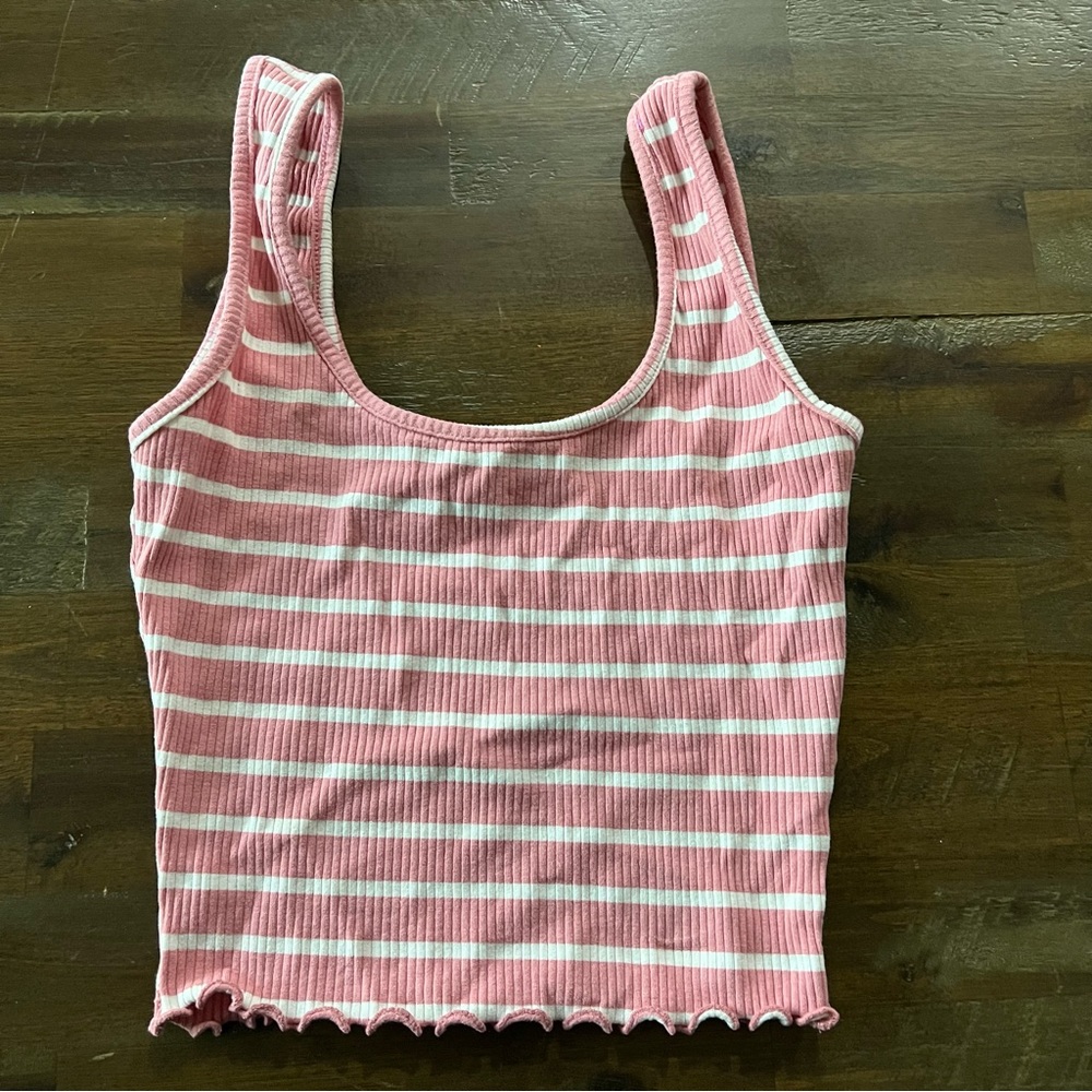 ✅ ribbed crop top tank top pink and white striped EUC
